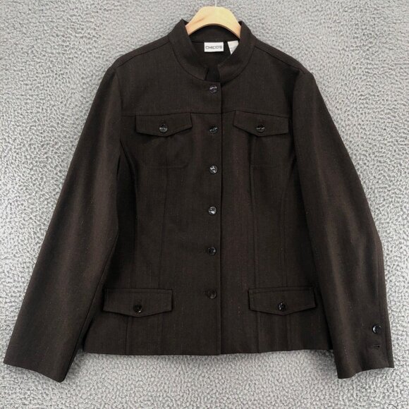 Chicos Jacket Women 2 US Large Brown Shimmer Stripes Button Up Office Pocket* - Picture 1 of 10